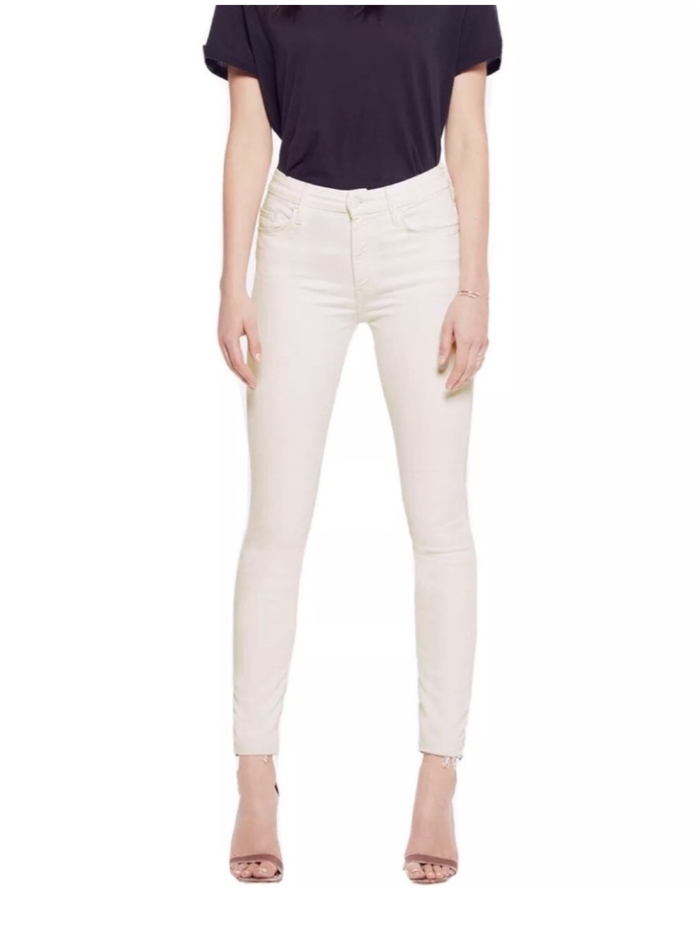 Like New MOTHER THE HIGH WAISTED LOOKER ANKLE FRAY" Jeans Whipping Cream Size 28